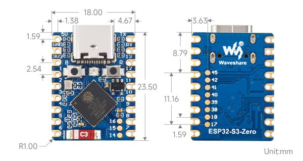 ESP32-S3-Zero-details-size Waveshare ESP32-S3 Mini Dev Board - ESP32-S3-Zero-N8R8-M